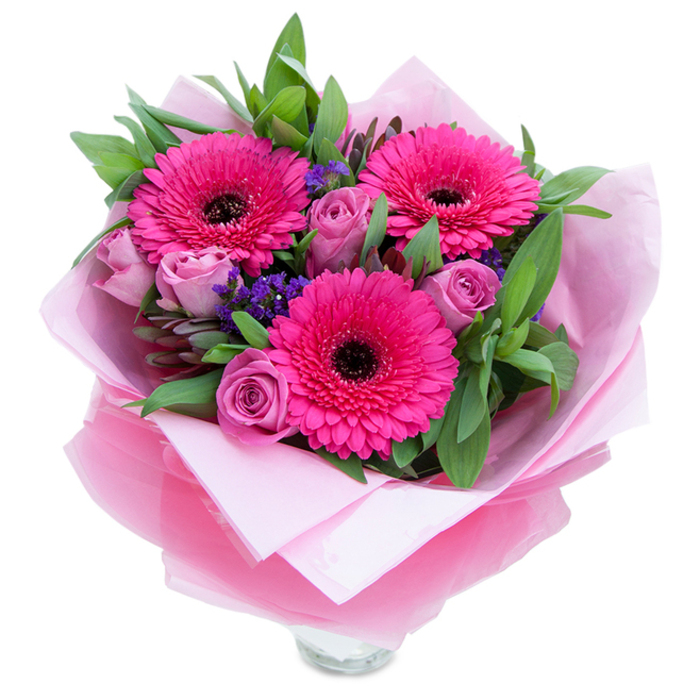 A carefully composed, hand-tied arrangement shown against a white studio background, where three luminous Gerbera daisies in fuchsia take centre stage, their many petals radiating outward toward deep, nearly black centres that anchor the colour palette. Nestled close to those vibrant heads are several roses in a soft lavender-pink or dusty rose hue, their petals still tightly curled in the manner of fresh, newly cut blooms. Interspersed between the larger flowers are fine sprays of purple filler - likely statice - adding a subtle, textural whisper of cool violet that balances the pinks. Broad, verdant leaves, suggestive of salal or eucalyptus, form a generous green framework that lifts the composition and lends a fresh, slightly dewy impression. The arrangement is wrapped with intention: an inner layer of matte pale pink tissue paper cradles the stems while an outer wrap of slightly crinkled, translucent fuchsia-pink cellophane adds a soft sheen and visual cohesion. The top rim of a clear glass vase is visible at the base, indicating the bouquet is ready to be placed and enjoyed. In gentle daylight the bouquet reads as both playful and gracious, the rose perfume mingling with a faint, leafy scent from the greenery. I picture this piece being sent across Sydenham High Street or delivered to a cosy flat near Sydenham Hill as a birthday gift, anniversary surprise, or a tender 'just because' bouquet - a floral gesture designed to uplift and soothe.